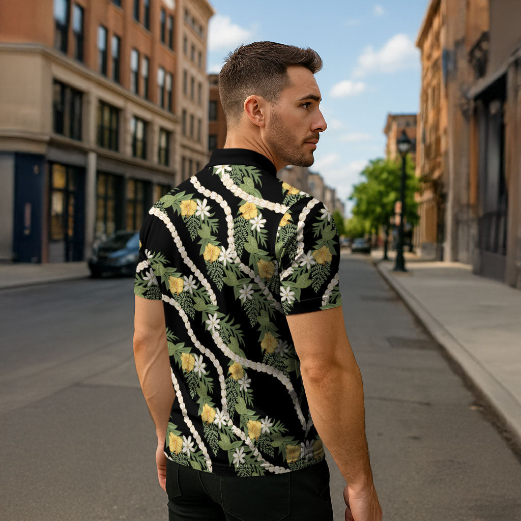 Hawaiian Pikake Maile Lei Zipper Polo Shirt Tiare Hibiscus Kalo Palapalai Leaf Black LT19 - Polynesian Pride