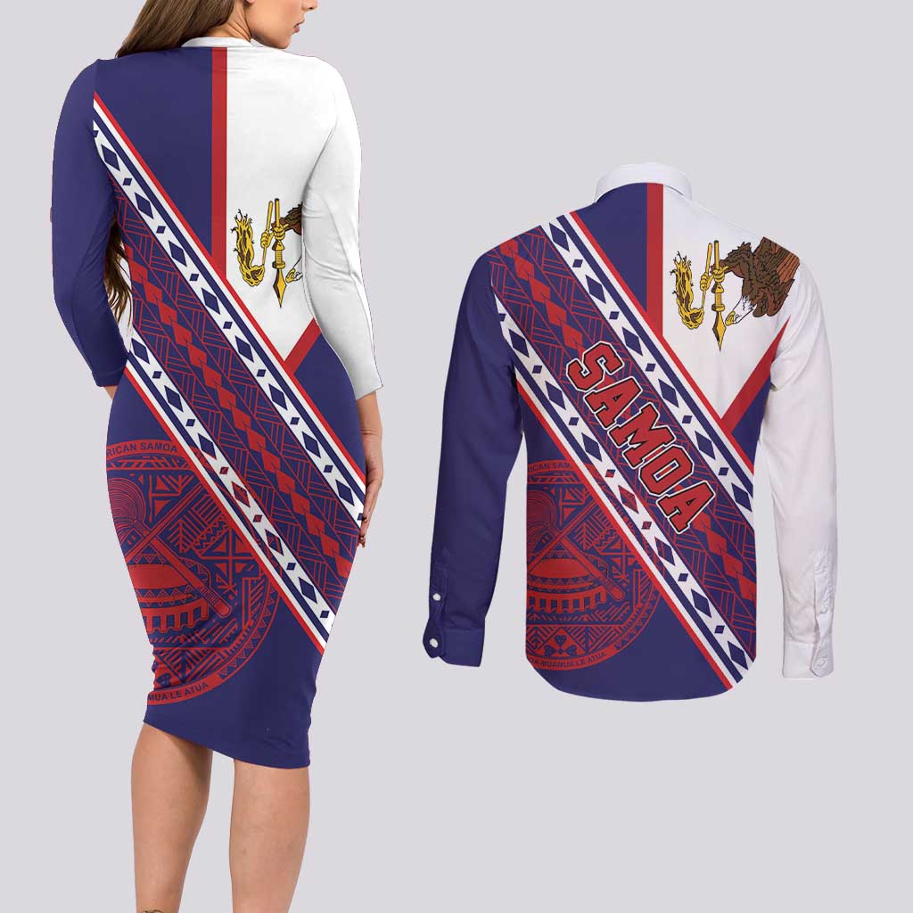 American Samoa Flag Day Couples Matching Long Sleeve Bodycon Dress and Long Sleeve Button Shirt Polynesian Tribal Tattoo Eagle Art LT19 - Polynesian Pride