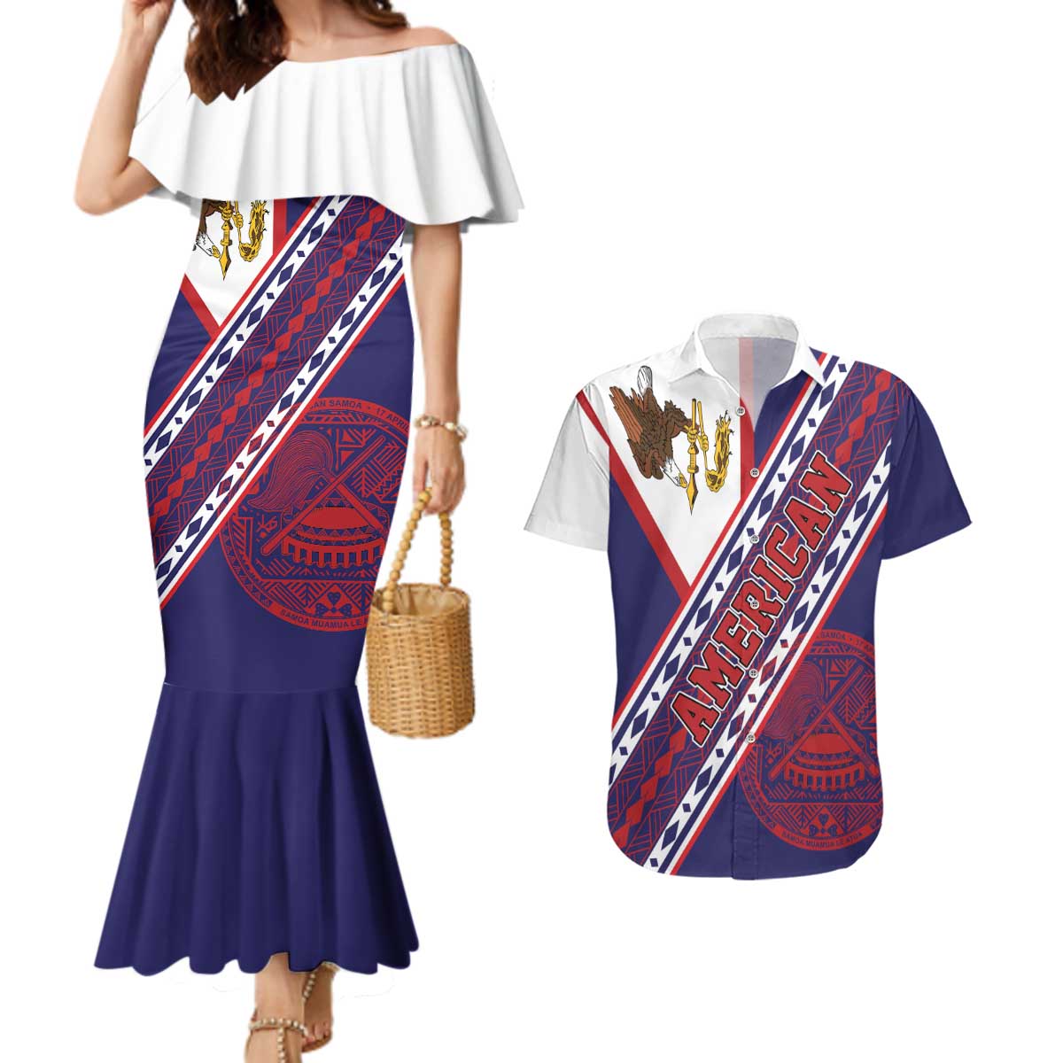 American Samoa Flag Day Couples Matching Mermaid Dress and Hawaiian Shirt Polynesian Tribal Tattoo Eagle Art LT19 Navy - Polynesian Pride