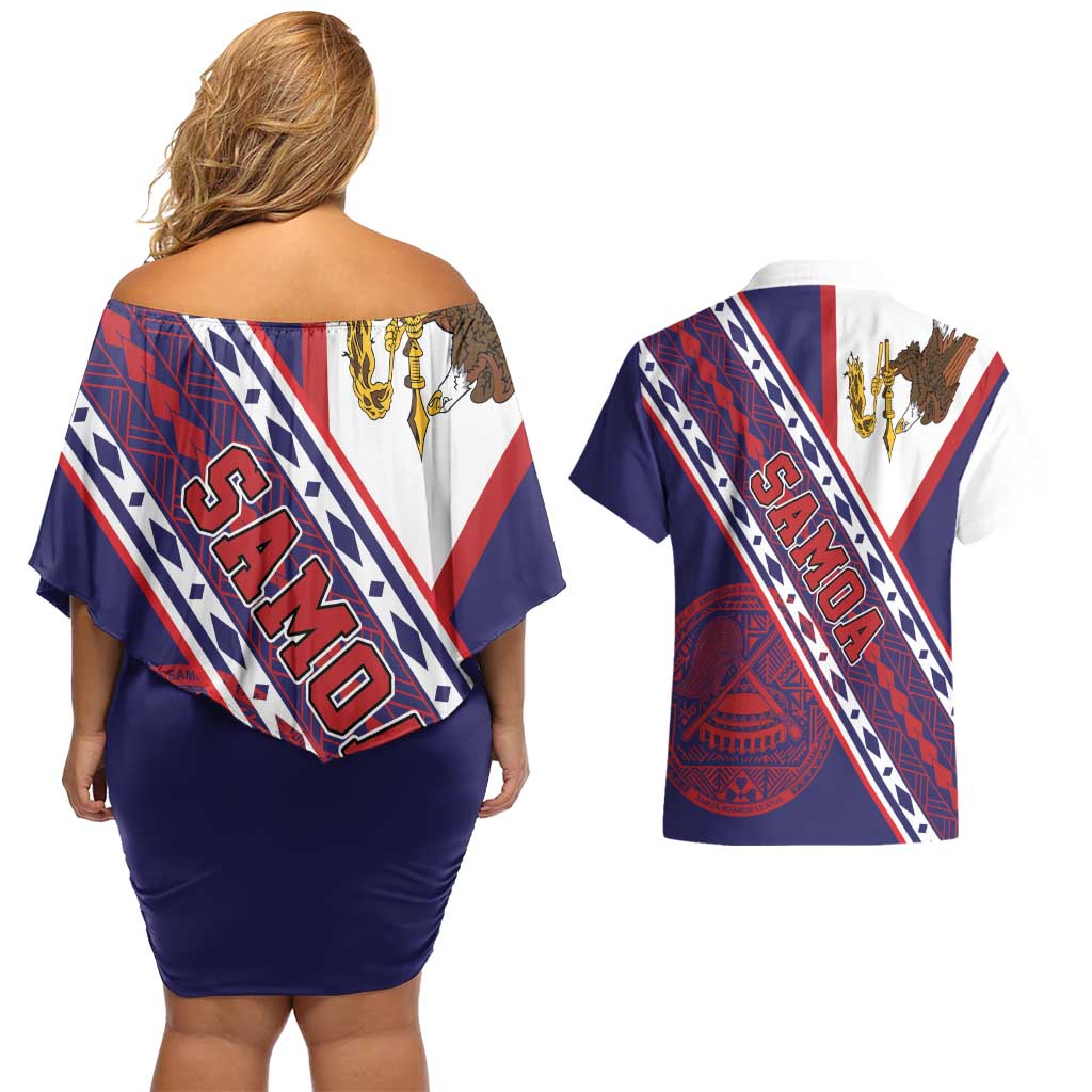 American Samoa Flag Day Couples Matching Off Shoulder Short Dress and Hawaiian Shirt Polynesian Tribal Tattoo Eagle Art LT19 - Polynesian Pride