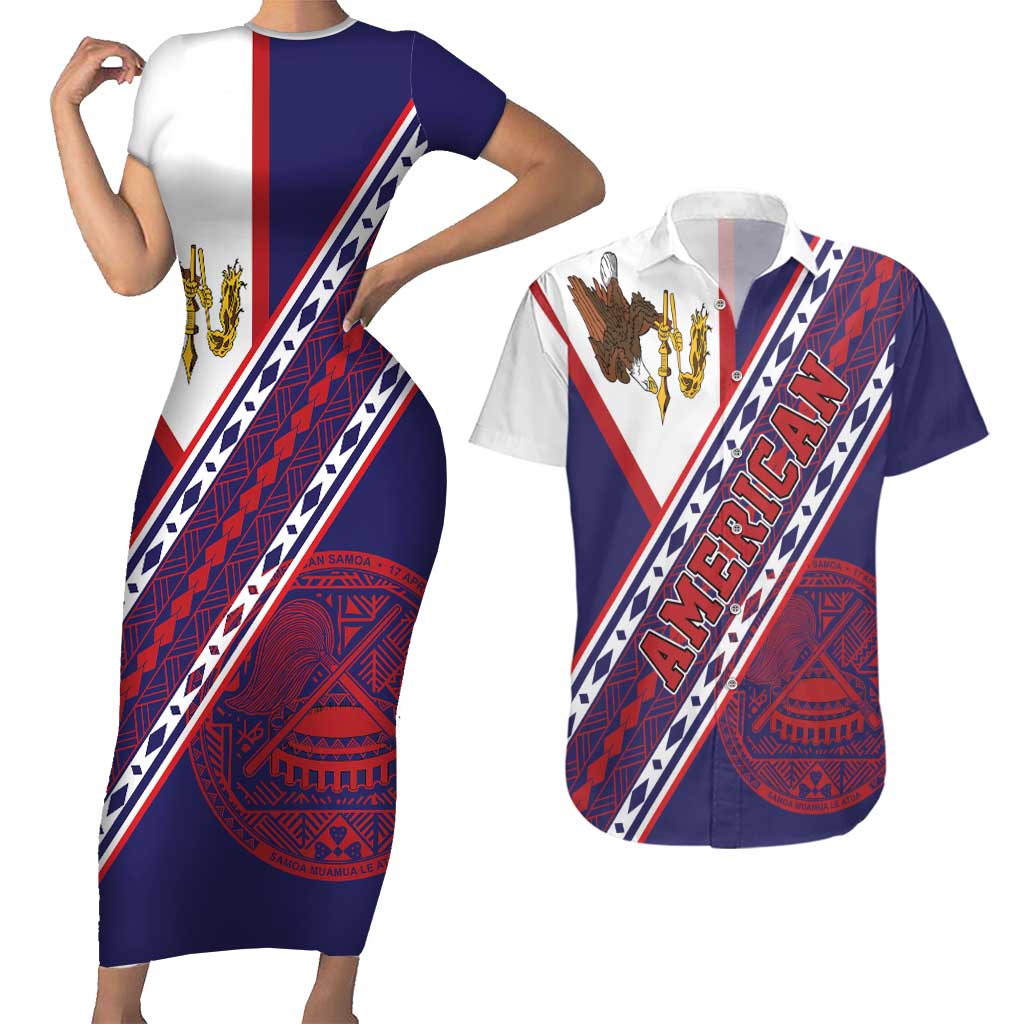 American Samoa Flag Day Couples Matching Short Sleeve Bodycon Dress and Hawaiian Shirt Polynesian Tribal Tattoo Eagle Art LT19 Navy - Polynesian Pride