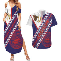 American Samoa Flag Day Couples Matching Summer Maxi Dress and Hawaiian Shirt Polynesian Tribal Tattoo Eagle Art LT19 Navy - Polynesian Pride