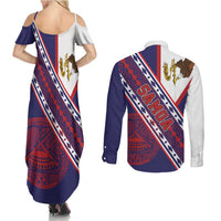 American Samoa Flag Day Couples Matching Summer Maxi Dress and Long Sleeve Button Shirt Polynesian Tribal Tattoo Eagle Art