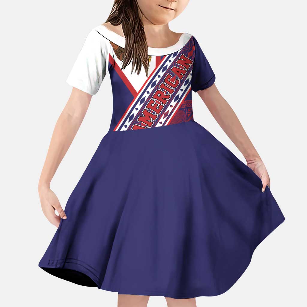 American Samoa Flag Day Family Matching Off Shoulder Short Dress and Hawaiian Shirt Polynesian Tribal Tattoo Eagle Art LT19 Daughter's Dress Navy - Polynesian Pride