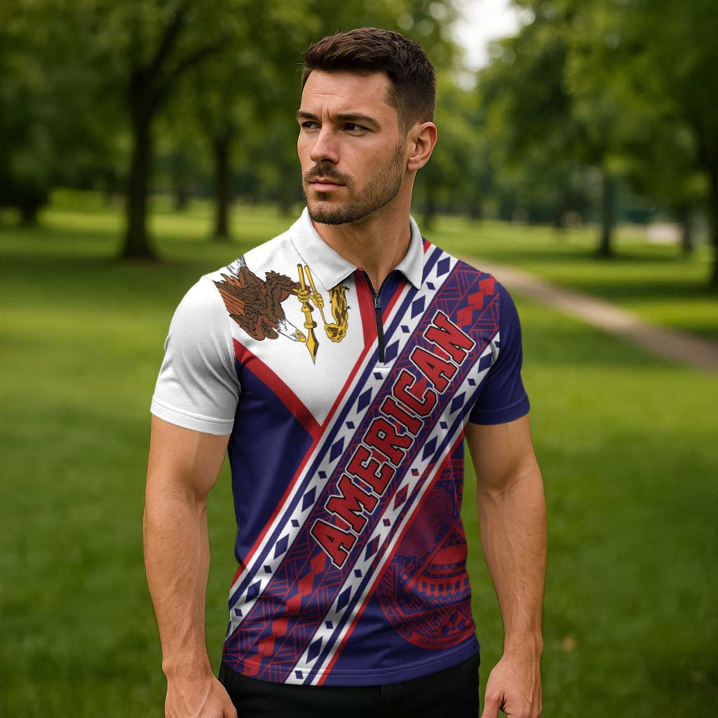 American Samoa Flag Day Zipper Polo Shirt Polynesian Tribal Tattoo Eagle Art