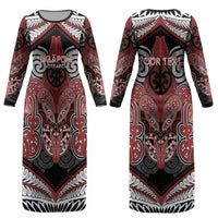 Aotearoa Iwi Ngapuhi Personalised Couples Matching Long Sleeve Bodycon Dress and Hawaiian Shirt Maori Kowhaiwhai Pattern LT19 - Polynesian Pride