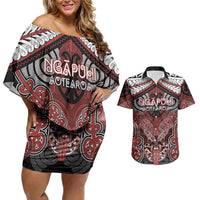 Aotearoa Iwi Ngapuhi Personalised Couples Matching Off Shoulder Short Dress and Hawaiian Shirt Maori Kowhaiwhai Pattern LT19 Red - Polynesian Pride
