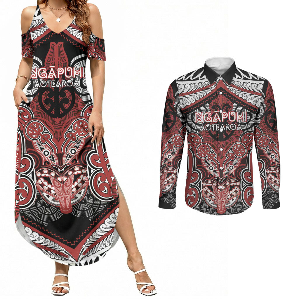 Aotearoa Iwi Ngapuhi Personalised Couples Matching Summer Maxi Dress and Long Sleeve Button Shirt Maori Kowhaiwhai Pattern LT19 Red - Polynesian Pride