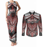 Aotearoa Iwi Ngapuhi Personalised Couples Matching Tank Maxi Dress and Long Sleeve Button Shirt Maori Kowhaiwhai Pattern LT19 Red - Polynesian Pride