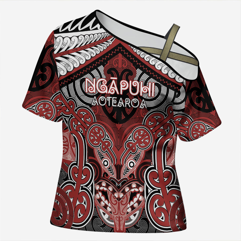 Aotearoa Iwi Ngapuhi Personalised Cross Shoulder Shirt Maori Kowhaiwhai Pattern LT19 Female Red - Polynesian Pride