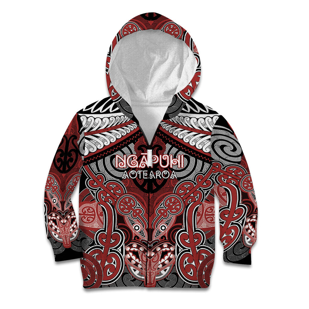 Aotearoa Iwi Ngapuhi Personalised Kid Hoodie Maori Kowhaiwhai Pattern LT19 Zip Hoodie Red - Polynesian Pride