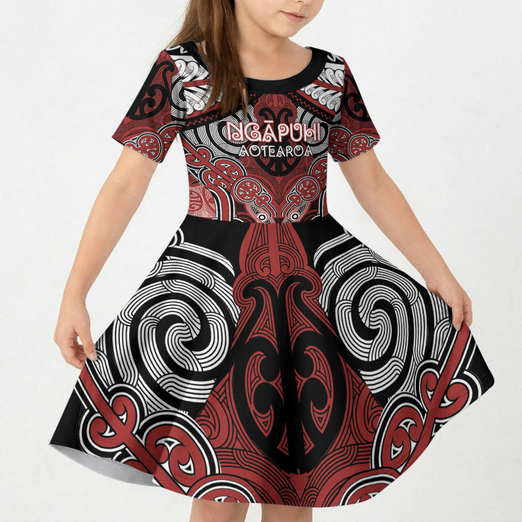Aotearoa Iwi Ngapuhi Personalised Kid Short Sleeve Dress Maori Kowhaiwhai Pattern LT19 KID Red - Polynesian Pride