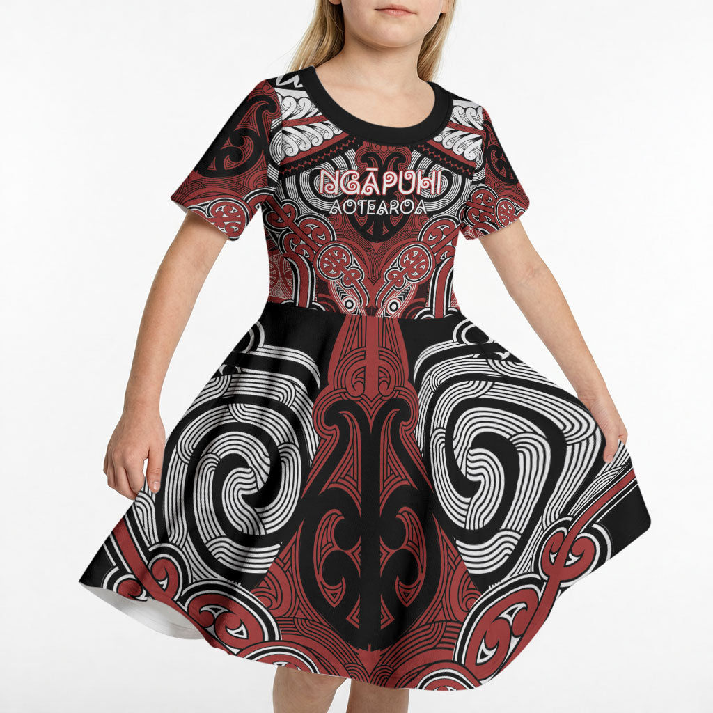 Aotearoa Iwi Ngapuhi Personalised Kid Short Sleeve Dress Maori Kowhaiwhai Pattern LT19 - Polynesian Pride