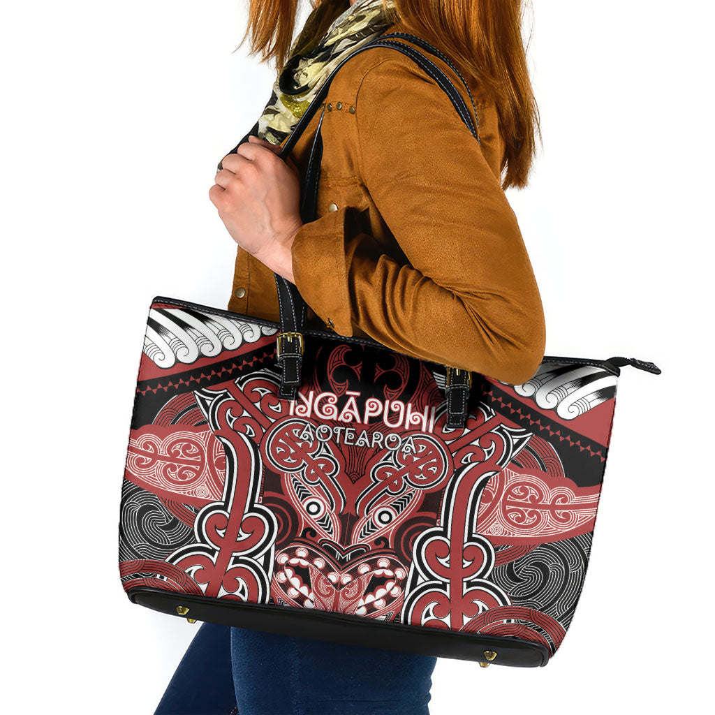 Aotearoa Iwi Ngapuhi Leather Tote Bag Maori Kowhaiwhai Pattern LT19 Red - Polynesian Pride