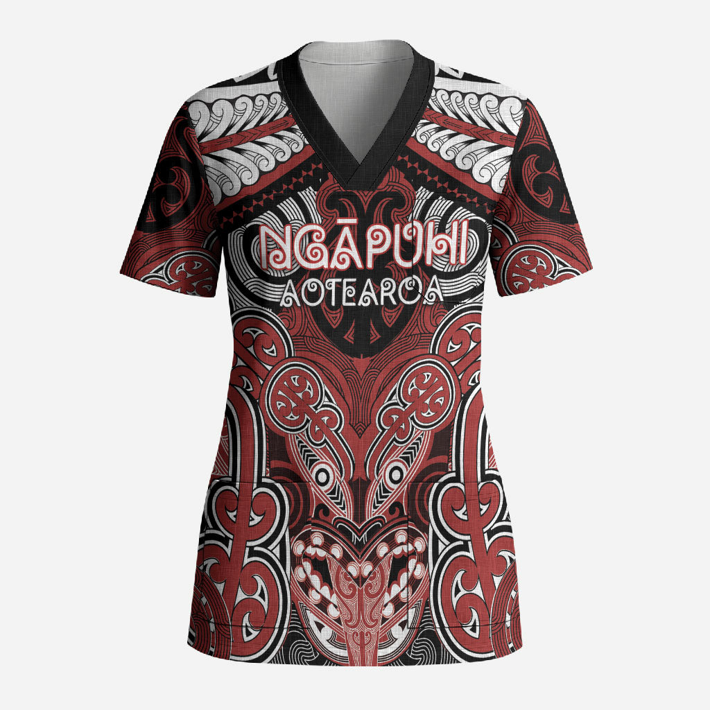 Aotearoa Iwi Ngapuhi Personalised Scrub Top Maori Kowhaiwhai Pattern LT19 Adult Red - Polynesian Pride