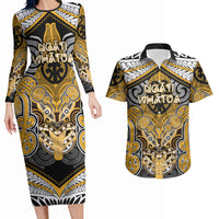 Aotearoa Iwi Ngati Whatua Personalised Couples Matching Long Sleeve Bodycon Dress and Hawaiian Shirt Maori Kowhaiwhai Pattern LT19 Yellow - Polynesian Pride