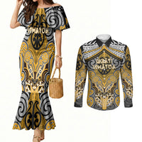 Aotearoa Iwi Ngati Whatua Personalised Couples Matching Mermaid Dress and Long Sleeve Button Shirt Maori Kowhaiwhai Pattern LT19 Yellow - Polynesian Pride