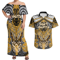Aotearoa Iwi Ngati Whatua Personalised Couples Matching Off Shoulder Maxi Dress and Hawaiian Shirt Maori Kowhaiwhai Pattern LT19 Yellow - Polynesian Pride