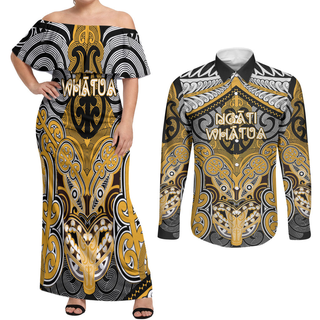 Aotearoa Iwi Ngati Whatua Personalised Couples Matching Off Shoulder Maxi Dress and Long Sleeve Button Shirt Maori Kowhaiwhai Pattern LT19 Yellow - Polynesian Pride