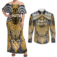 Aotearoa Iwi Ngati Whatua Personalised Couples Matching Off Shoulder Maxi Dress and Long Sleeve Button Shirt Maori Kowhaiwhai Pattern LT19 Yellow - Polynesian Pride