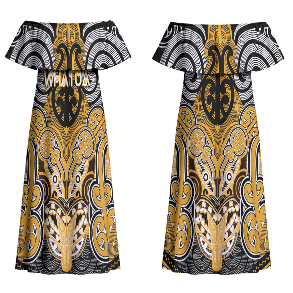 Aotearoa Iwi Ngati Whatua Personalised Couples Matching Off Shoulder Maxi Dress and Long Sleeve Button Shirt Maori Kowhaiwhai Pattern LT19 - Polynesian Pride