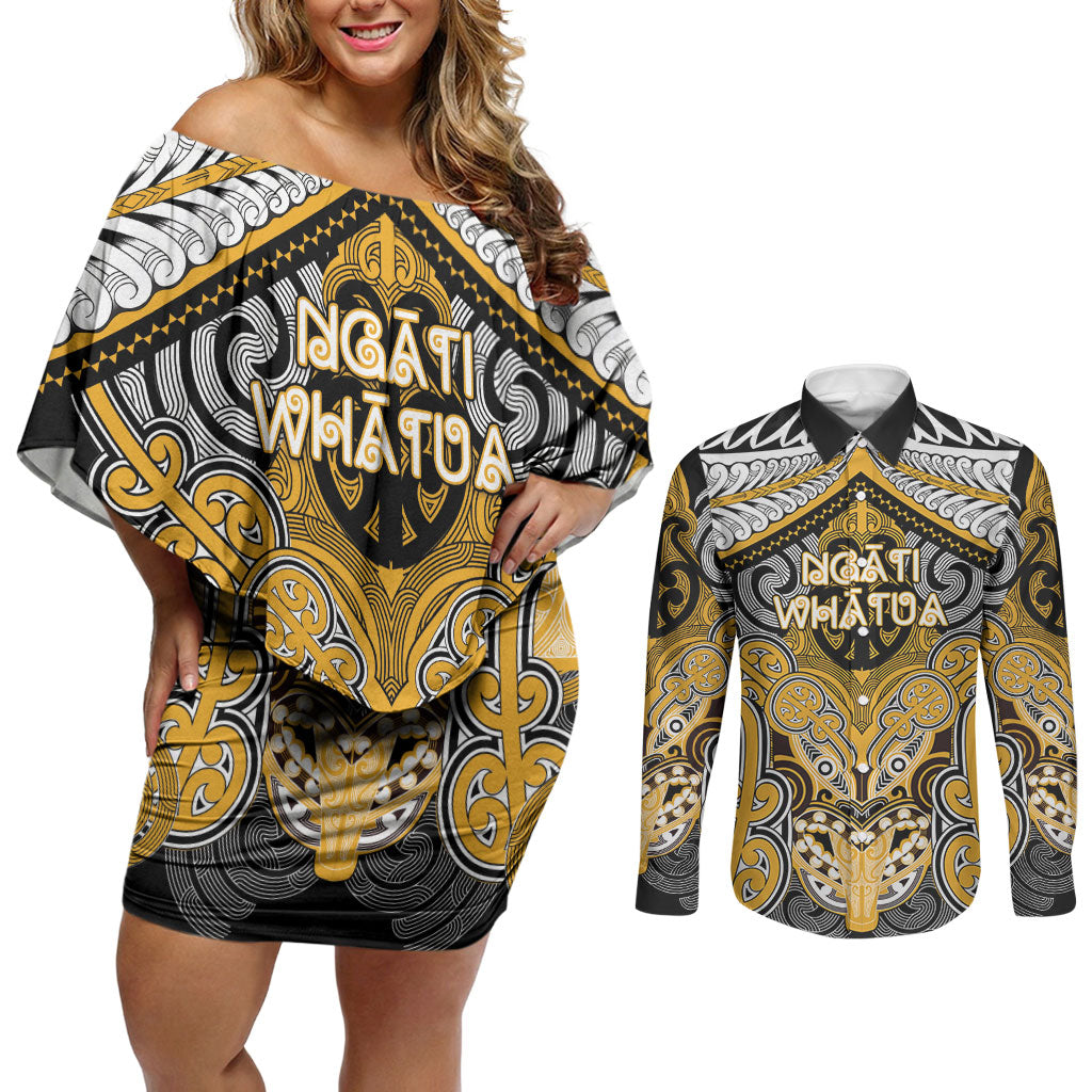 Aotearoa Iwi Ngati Whatua Personalised Couples Matching Off Shoulder Short Dress and Long Sleeve Button Shirt Maori Kowhaiwhai Pattern LT19 Yellow - Polynesian Pride