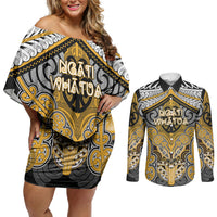 Aotearoa Iwi Ngati Whatua Personalised Couples Matching Off Shoulder Short Dress and Long Sleeve Button Shirt Maori Kowhaiwhai Pattern LT19 Yellow - Polynesian Pride