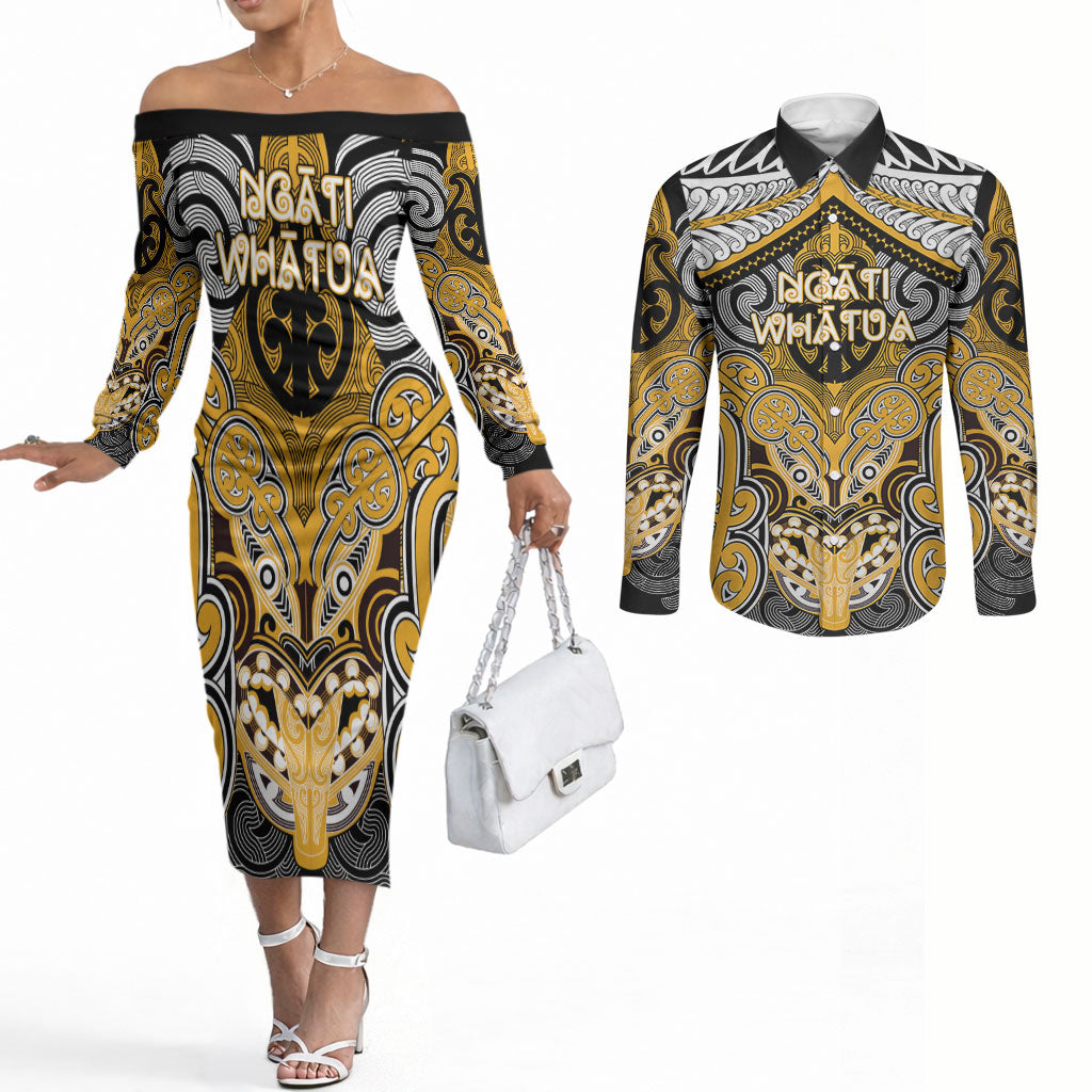 Aotearoa Iwi Ngati Whatua Personalised Couples Matching Off The Shoulder Long Sleeve Dress and Long Sleeve Button Shirt Maori Kowhaiwhai Pattern LT19 Yellow - Polynesian Pride