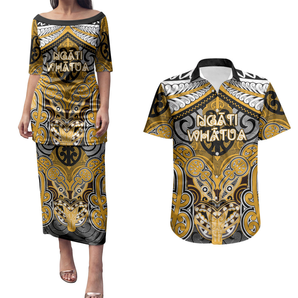 Aotearoa Iwi Ngati Whatua Personalised Couples Matching Puletasi and Hawaiian Shirt Maori Kowhaiwhai Pattern LT19 Yellow - Polynesian Pride
