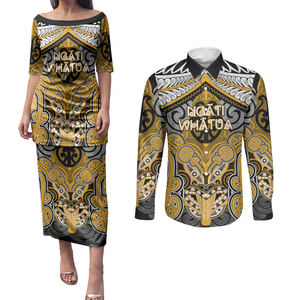 Aotearoa Iwi Ngati Whatua Personalised Couples Matching Puletasi and Long Sleeve Button Shirt Maori Kowhaiwhai Pattern LT19 Yellow - Polynesian Pride
