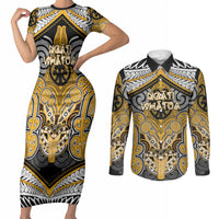 Aotearoa Iwi Ngati Whatua Personalised Couples Matching Short Sleeve Bodycon Dress and Long Sleeve Button Shirt Maori Kowhaiwhai Pattern LT19 Yellow - Polynesian Pride