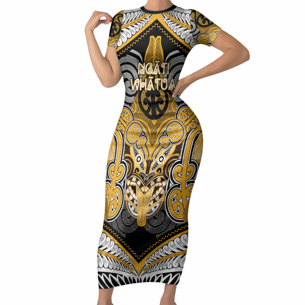 Aotearoa Iwi Ngati Whatua Personalised Short Sleeve Bodycon Dress Maori Kowhaiwhai Pattern LT19 Long Dress Yellow - Polynesian Pride