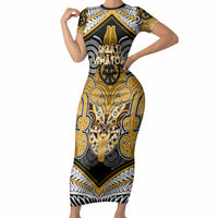 Aotearoa Iwi Ngati Whatua Personalised Short Sleeve Bodycon Dress Maori Kowhaiwhai Pattern LT19 Long Dress Yellow - Polynesian Pride