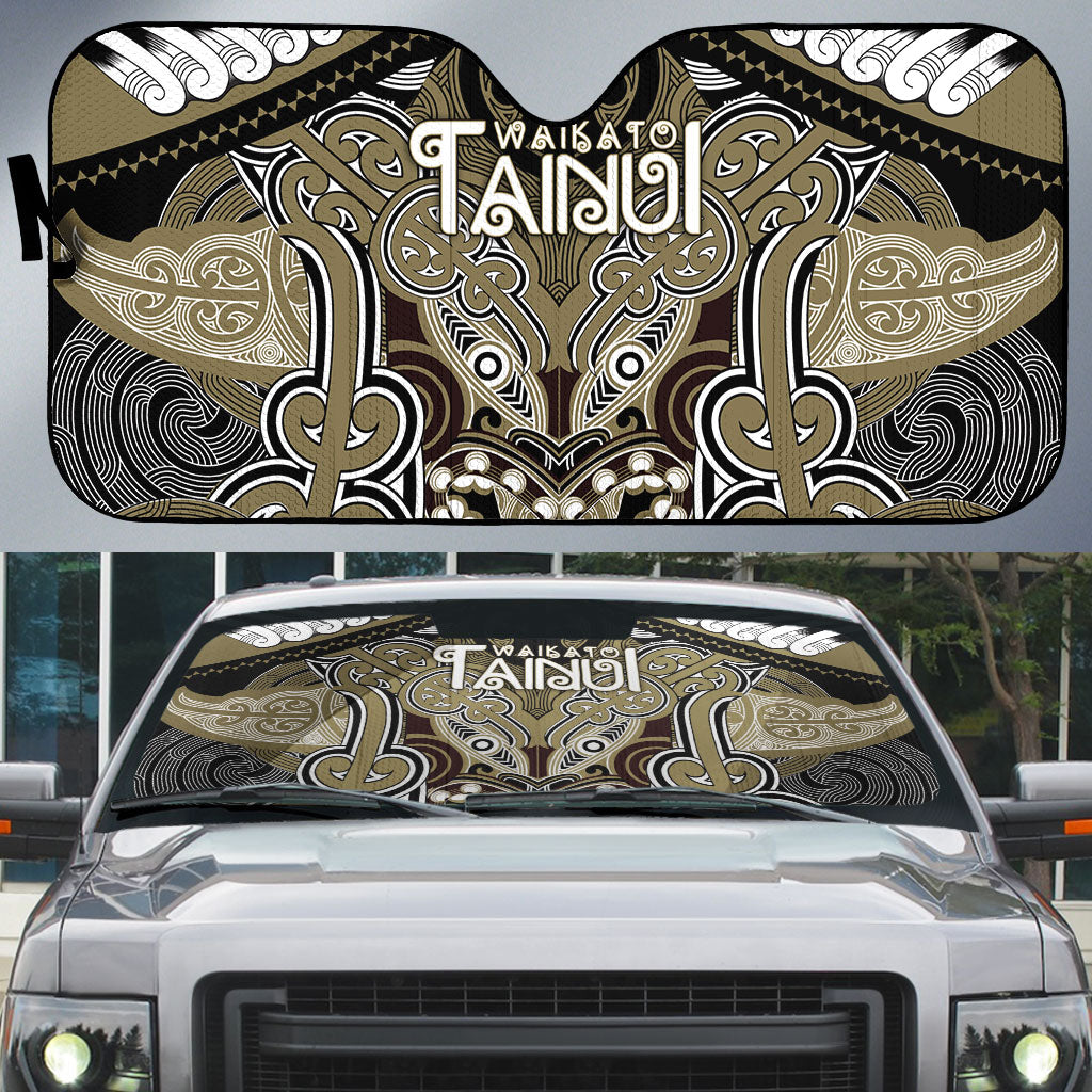 Aotearoa Iwi Waikato Tainui Auto Sun Shade Maori Kowhaiwhai Pattern LT19 Dark Yellow - Polynesian Pride