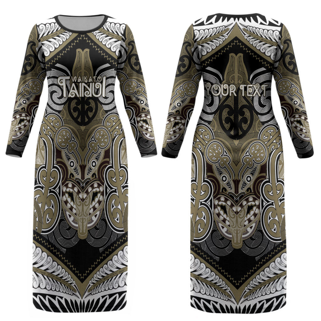 Aotearoa Iwi Waikato Tainui Personalised Couples Matching Long Sleeve Bodycon Dress and Long Sleeve Button Shirt Maori Kowhaiwhai Pattern LT19 - Polynesian Pride