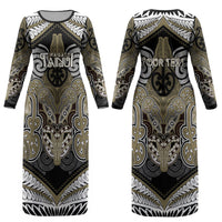 Aotearoa Iwi Waikato Tainui Personalised Couples Matching Long Sleeve Bodycon Dress and Long Sleeve Button Shirt Maori Kowhaiwhai Pattern LT19 - Polynesian Pride