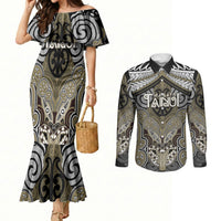 Aotearoa Iwi Waikato Tainui Personalised Couples Matching Mermaid Dress and Long Sleeve Button Shirt Maori Kowhaiwhai Pattern LT19 Dark Yellow - Polynesian Pride