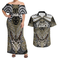 Aotearoa Iwi Waikato Tainui Personalised Couples Matching Off Shoulder Maxi Dress and Hawaiian Shirt Maori Kowhaiwhai Pattern LT19 Dark Yellow - Polynesian Pride