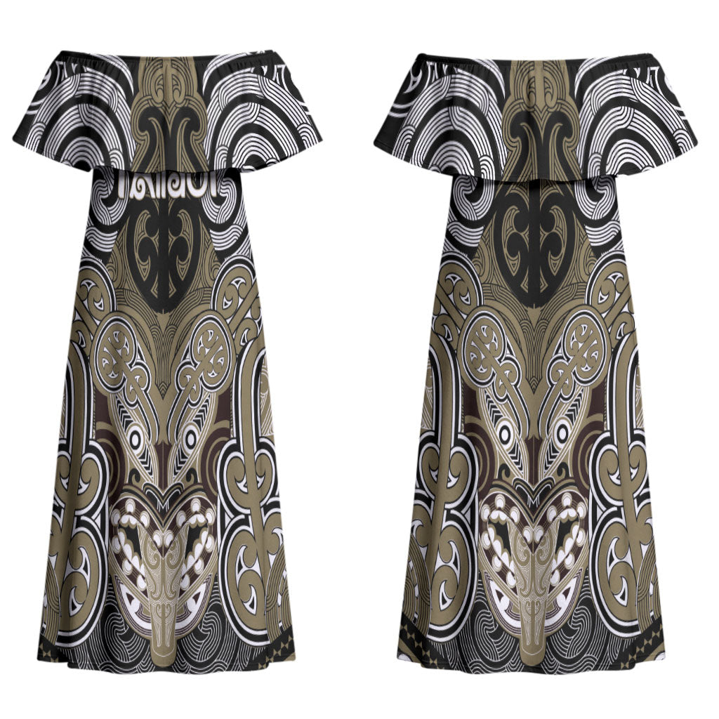 Aotearoa Iwi Waikato Tainui Personalised Couples Matching Off Shoulder Maxi Dress and Long Sleeve Button Shirt Maori Kowhaiwhai Pattern LT19 - Polynesian Pride