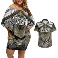 Aotearoa Iwi Waikato Tainui Personalised Couples Matching Off Shoulder Short Dress and Hawaiian Shirt Maori Kowhaiwhai Pattern LT19 Dark Yellow - Polynesian Pride