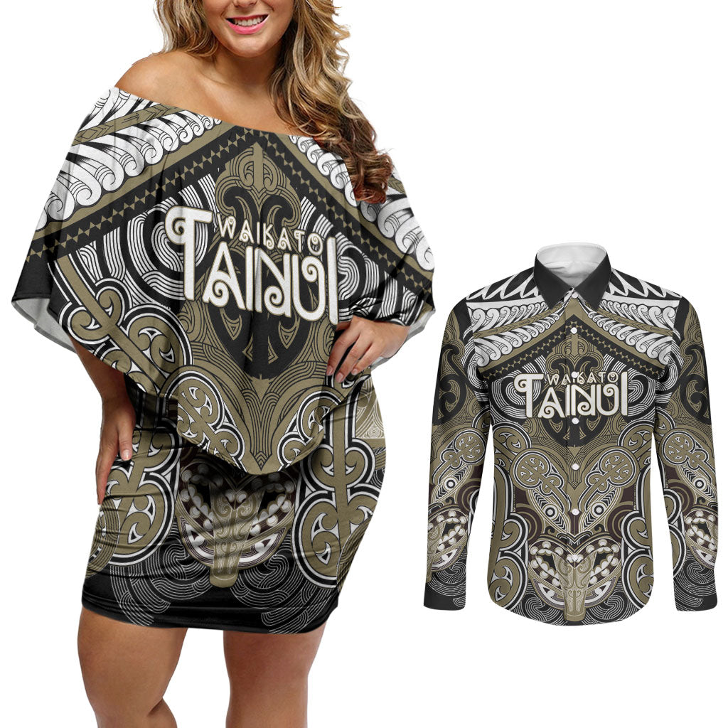 Aotearoa Iwi Waikato Tainui Personalised Couples Matching Off Shoulder Short Dress and Long Sleeve Button Shirt Maori Kowhaiwhai Pattern LT19 Dark Yellow - Polynesian Pride