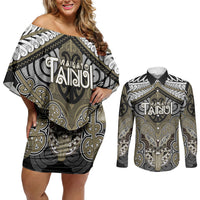Aotearoa Iwi Waikato Tainui Personalised Couples Matching Off Shoulder Short Dress and Long Sleeve Button Shirt Maori Kowhaiwhai Pattern LT19 Dark Yellow - Polynesian Pride