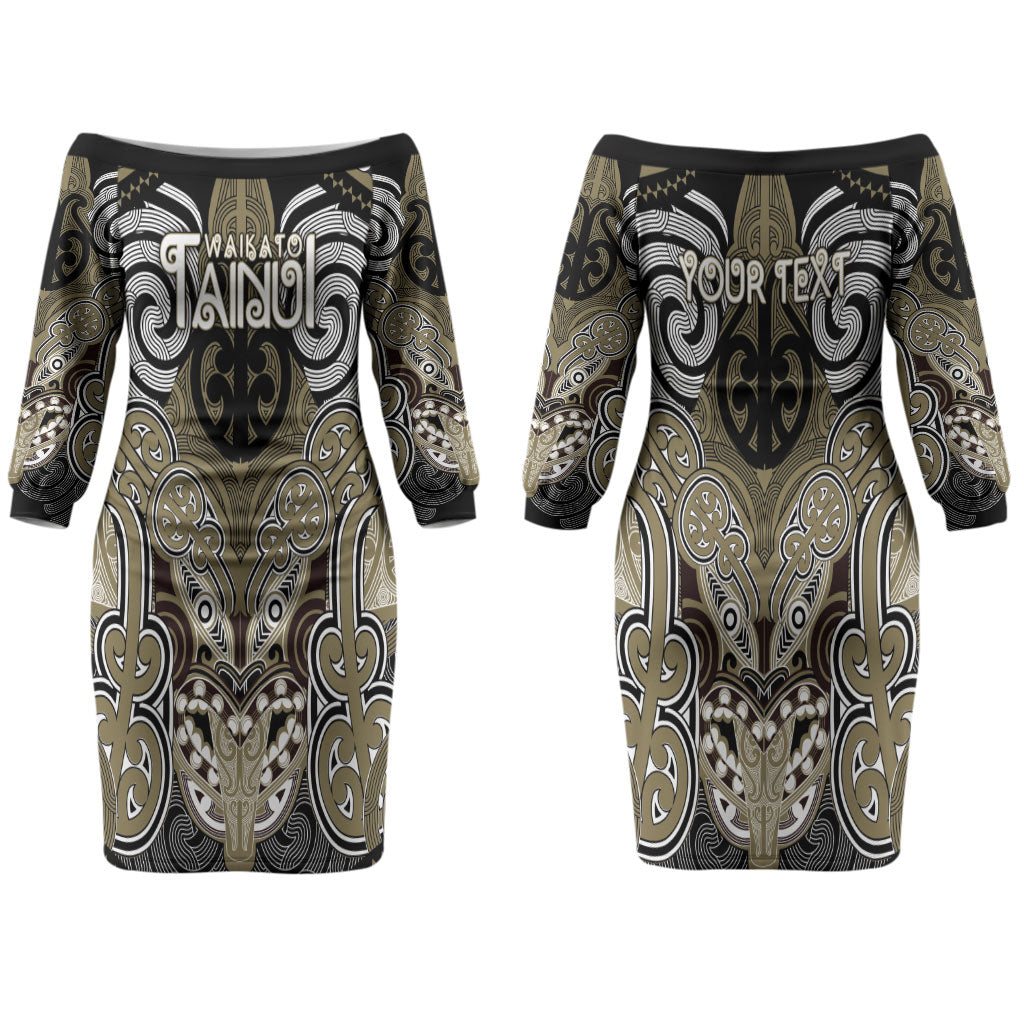 Aotearoa Iwi Waikato Tainui Personalised Couples Matching Off The Shoulder Long Sleeve Dress and Long Sleeve Button Shirt Maori Kowhaiwhai Pattern LT19 - Polynesian Pride