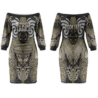 Aotearoa Iwi Waikato Tainui Personalised Couples Matching Off The Shoulder Long Sleeve Dress and Long Sleeve Button Shirt Maori Kowhaiwhai Pattern LT19 - Polynesian Pride