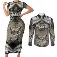 Aotearoa Iwi Waikato Tainui Personalised Couples Matching Short Sleeve Bodycon Dress and Long Sleeve Button Shirt Maori Kowhaiwhai Pattern LT19 Dark Yellow - Polynesian Pride