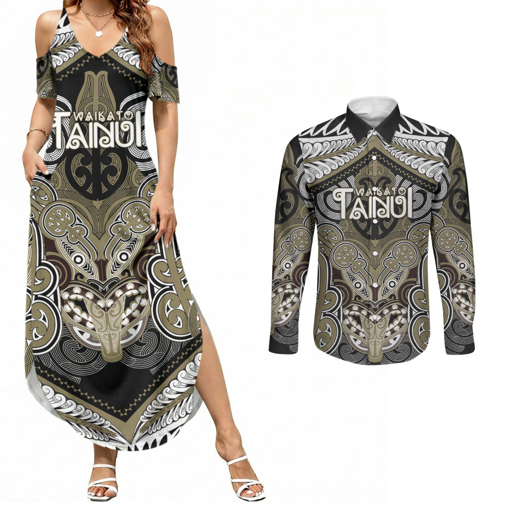Aotearoa Iwi Waikato Tainui Personalised Couples Matching Summer Maxi Dress and Long Sleeve Button Shirt Maori Kowhaiwhai Pattern LT19 Dark Yellow - Polynesian Pride