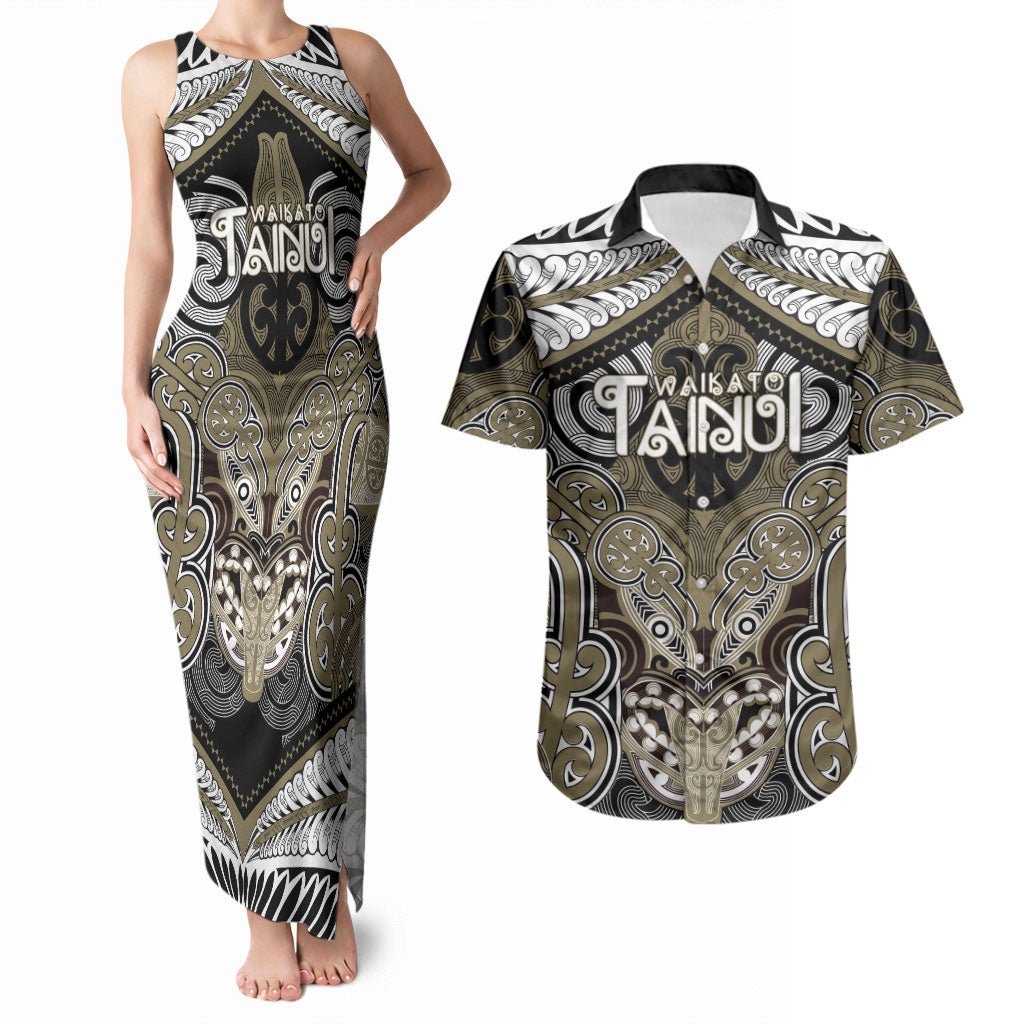 Aotearoa Iwi Waikato Tainui Personalised Couples Matching Tank Maxi Dress and Hawaiian Shirt Maori Kowhaiwhai Pattern LT19 Dark Yellow - Polynesian Pride