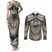 Aotearoa Iwi Waikato Tainui Personalised Couples Matching Tank Maxi Dress and Long Sleeve Button Shirt Maori Kowhaiwhai Pattern LT19 Dark Yellow - Polynesian Pride