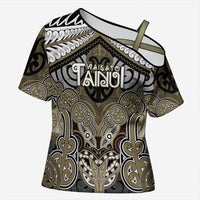 Aotearoa Iwi Waikato Tainui Personalised Cross Shoulder Shirt Maori Kowhaiwhai Pattern LT19 Female Dark Yellow - Polynesian Pride