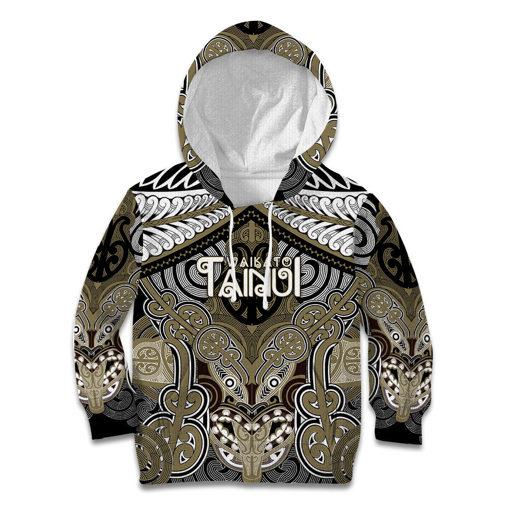 Aotearoa Iwi Waikato Tainui Personalised Kid Hoodie Maori Kowhaiwhai Pattern LT19 Hoodie Dark Yellow - Polynesian Pride